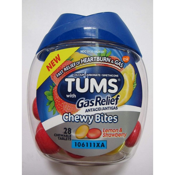 Tums with Gas Relief Chewy Bites, Lemon & Strawberry, 28 Chewable Tablets (Pack of 2)