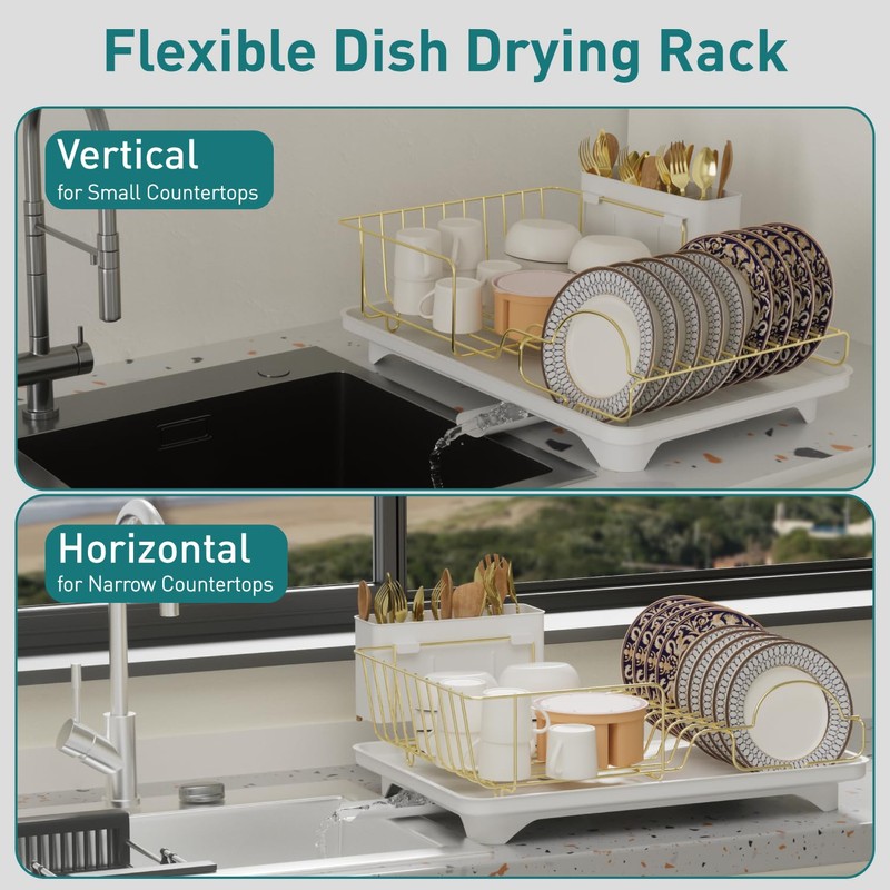 Buruis Dish Drying Rack for Kitchen Countertop, Large Capacity Gold