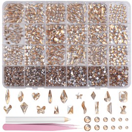 Champagne Gold Nail Art Rhinestones Kit Multi Shapes Crystal Flatback Nail Gems with Half Round Nails Rhinestones for Bedazzling Gems Crystals Rhinestone for Nails Art Craft