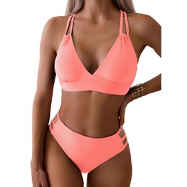 Tainehs Women's Push Up V Neck Bikini Sets Criss Cross Back Two Piece Bathing Suit Coral Pink