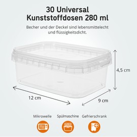 Marzoon 30 Plastic Jars Set with Lids Small Square 280 ml Robust Plastic Jars Transparent Delicatessen Cups Industry Standard