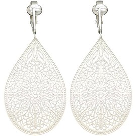 Aloha Earrings - Victorian Filigree Clip On Earrings for Women - Non Pierced Dangle Fashion Jewelry (Large Filigree- White)
