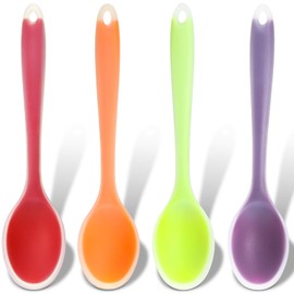 Patelai 4 cucharas de silicona multicolor pequeñas, antiadherentes, de silicona, para servir de silicona, para cocina, cocina, hornear, mezclar herramientas (rojo, naranja, verde, morado)
