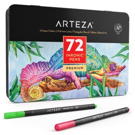 ARTEZA Inkonic Fineliners Pens, Set of 72, 0.4 mm Fine Tip Markers, Water-Based Art Pens for Drawing, Sketching, Journaling, Calligraphy