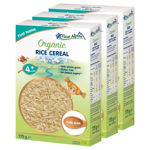 FLEUR ALPINE Baby Food | Organic Rice Baby Cereal Pack of 3 - Baby Porridge for Delicious Breakfast Meals | Nutritious and Instant Gluten Free Porridge 4+ Months with No Added Sugars | 3x7 Servings