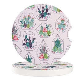 Vibiliyou A Set of 2 Pack Durable Car Coasters for Drinks with Holder,Geometric Cactus Flower Wallpaper Design,Absorbent Ceramic Car Accessories for Easy Removal of Auto Car,Auto Insert with Ghost