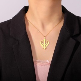 EUEAVAN Khanda Sikh Sword Symbol Necklace Sikh Kara Disc Sikhism Pendant Religious Symbol Sikh Khanda Jewellery Punjabi Sword Protection Amulet Women Men, Stainless Steel, No Gemstone