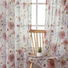 OVZME Crushed Floral Sheer Curtains for Bedroom 63 Inch Length for Living Room 2 Panels Set, Soft Airy Printed Design Textured Light Filtering Drapes, Semi Sheer Bedroom Curtains, Each 42Wx63L inches