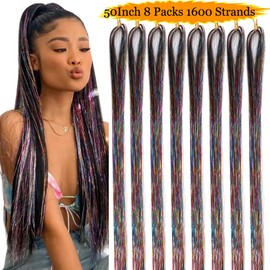Rainbow Hair Tinsel 50inch 8packs 1600 Strands Tinsel Hair Extensions Shiny Hair Accessories Sparkling Fairy Glitter Hair Extension for Women Girls Kids(50",Rainbow 3 Colors)