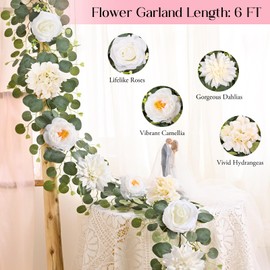 Yastouay 6 Ft Flower Garland with Lights, White Rose Floral Garland Fake Flowers for Wedding Arch Party Tables Backdrop Decor