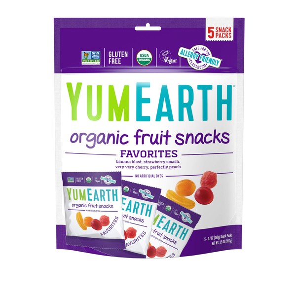 YumEarth Organic Vegan Fruit Snacks, 5 Snack Packs per bag (Pack of 1) - Allergy Friendly, Non GMO, Gluten Free, Vegan (Packaging May Vary)