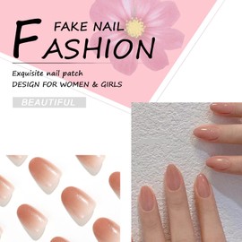 24PCS French False Nails Short, Almond Shape Stick on Nails Pink Glitter Press on Nails with Glue Stickers, Nude Oval Removable Glue-on Nails Fake Nails Set Women Girls Nail Art Accessories