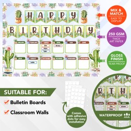 Decorably 77 Pcs Cactus Birthday Bulletin Board with Borders - Cactus Themed Classroom Decor, Cactus Bulletin Board Decorations, Cactus School Decor, Birthday Bulletin Board Set for Classroom