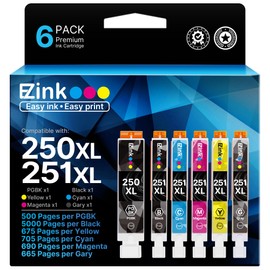 E-Z Ink Compatible Ink Cartridge Replacement for Canon PGI-250XL PGI 250 XL CLI-251XL CLI 251 XL to use with Pixma IP8720 (1 Large Black, 1 Cyan, 1 Magenta, 1 Yellow, 1 Small Black,1 Gray) 6 Pack