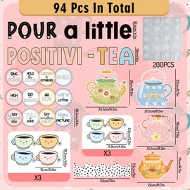 JarThenaAMCS 94Pcs Positivi-Tea Bulletin Board Set Motivational Paper Cutouts with 200Pcs Glue Points Kettle Teacup Bulletin Border Stickers for Classroom Office School Decor