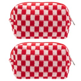 PAZIMIIK Checkered Makeup Bag for Purse Portable Zipper Make Up Pouch Small Cosmetic Case for Travel Accessories (2PCS Red)