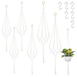 Pack of 6 Macrame Hanging Baskets, Hanging Baskets, Indoor Hanging Baskets, Outdoor Hanging Baskets, 60 cm, 80 cm, 100 cm, with 6 Pieces S Hooks, Hanging Basket for Indoor Ceilings, Balconies, Wall