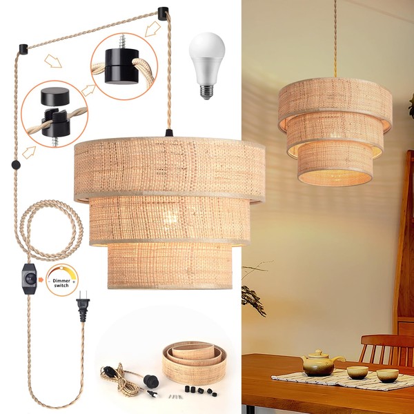 Ziqqeelam Rattan Plug in Pendant Light, 3 Tier Plug in