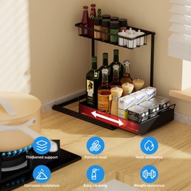 Under Sink Organizer, Painted Steel Under Cabinet Basket Organizer, Sliding Under Sink Storage with Handles, Black Bathroom Organizer Under Sink, Multi-purpose Cleaning Supplies Organizer for Kitchen