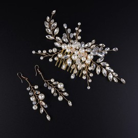 Jumwrit Bridal Hair Comb and Earrings Set Wedding Rhinestone Hair Comb for Brides Pearl Dangle Earrings Handmade Hair Accessories for Women and Girls（Gold）