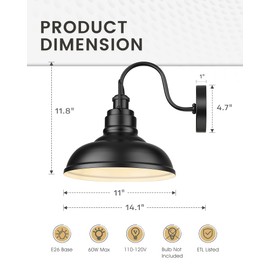 zeyu 2 Pack Barn Sconce Wall Lighting, Vintage Wall Mount Light Fixture, Indoor Wall Sconce Lighting in Matte Black Finish, 016-1B-2PK BK