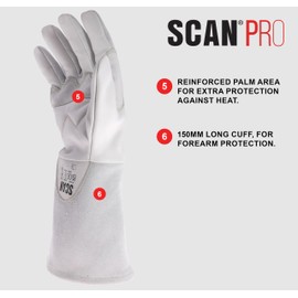 Scan Pro Welding Gloves – Premium Leather Flame Retardant Protective Gloves with Reinforced Palm & Thumb, Aramid Stitching, Extended Gauntlet Cuffs, EN388, EN407 & EN12477 Certified – Size L (9)