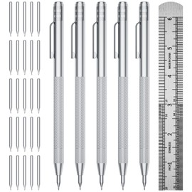 GCHMDE 5-Pack Tungsten Carbide Scriber, Metal Scribe Tool with 25 Replacement Marking Tips & Steel Ruler - Knurled Aluminum Handle & Magnet, Engraving Pen for Glass/Ceramics/Metal Sheet (5)