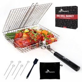 PEENOZ Grill Basket with Removable Handle - Heavy-Duty Stainless Steel 11.5 x 9.5 x 1.5 Inches Grilling Basket for Outdoor Grill, Perfect Camping BBQ rack for Vegetables, Fish, Shrimp, and Barbeque