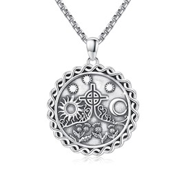 YueYuan Scottish Thistle Necklace for Men 925 Sterling Silver Cross Pendant Vintage Cirsium Flower Pendant Necklace Sun and Moon Necklace Scottish Jewelry Gift for Anniversary Birthday