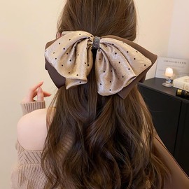 Lenjicons Elegant Satin Bow Hair Clips Bow Being Hair Decorations Polka Dot Rhinestone Hair Clip Bridal Headpiece for Women (brown)