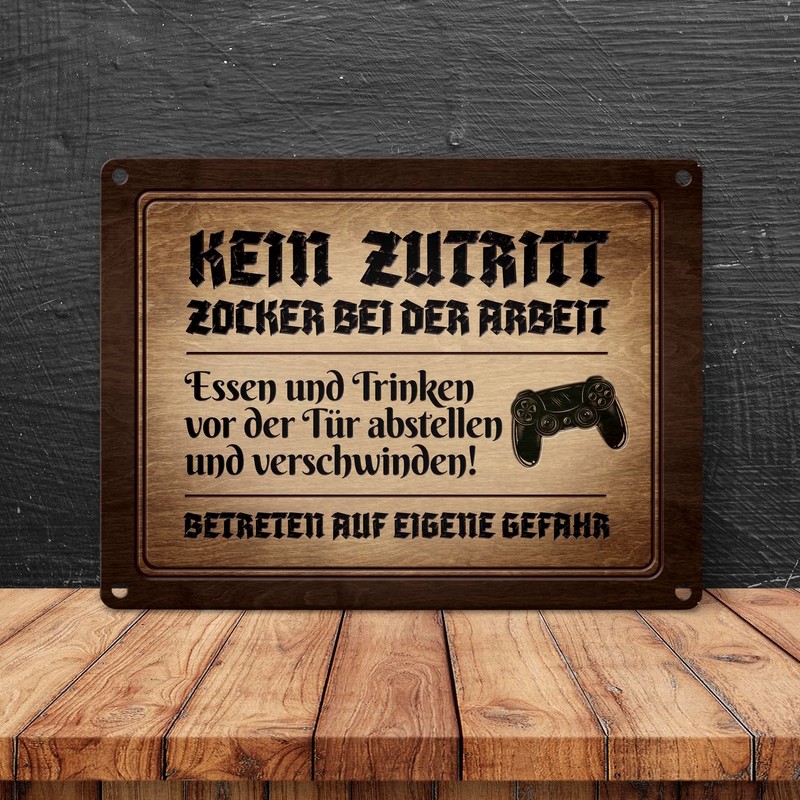 Gamer at Work Metal Sign in Wood Look with Controller