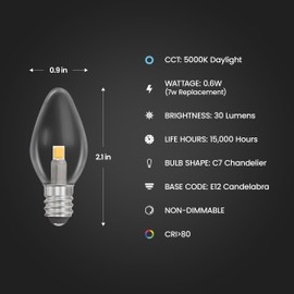 Feit Electric C7 Indoor LED Night Light Bulbs, 7W Equivalent, 30 Lumens, 5000K Daylight, E12 Cadelabra Base, 15,000-Hour Long-Life LED Night Light Replacements, BP7C7/850/LED/4, 4 Pack