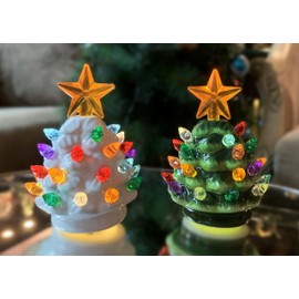 MOMENTS IN TIME 2pc 3.5”H LED Ceramic Mini Christmas Tree, LED Light up, Battery Operated Cell Battery Included.