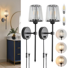 Crystal Wall Sconces Set of 2, Dimmable Wall Sconce with Plug in Cord and Dimmer Matte Black Plug in Wall Lamp Wall Mounted Light with Crystal Shade for Living Room Bedroom Vanity Light Bulbs Included