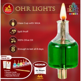 Ner Mitzvah Pre-Filled Colored Menorah Oil Cup Candles - Hanukkah Ohr Lights - 100% Olive Oil with Cotton Wick in Glass Cup - Medium Size, 44 per Pack, Burns Approx. 2 1/2 Hrs
