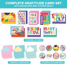 Decorably 24 Pack 6x4in Thank You Cards with Envelopes and Stickers, 8 Colorful Designs Thank You Notes with Envelopes Set, Blank Inside, Birthdays