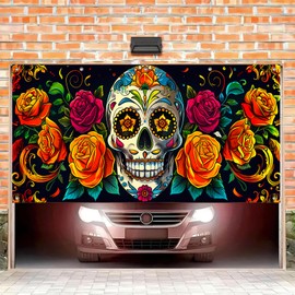 HOMETITUTE 13x6ft Día de Los Muertos Garage Door Cover Banner Colorful Sugar Skull Marigold Floral Papel Picado Hanging Backdrop Outdoor Indoor Party Photo Background Decor