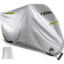 Favoto Motorcycle Cover, Thick, One-touch Buckle, Front and Rear Included, 3 Reflective Stripes, UV Protection, Highly Windproof, Dustproof, Rainproof, Snowproof, Durable, Anti-Theft, Storage Bag