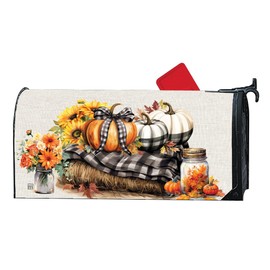 Studio M Decorative Fall Autumn MailWrap Fits Standard Size 6.5 x 19 Inch Mailbox Weather Resistant Vinyl Orange Black and White Plaid Harvest Pumpkins
