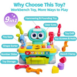 iPlay, iLearn Toddler Musical Workbench Toys for One Year Old Boys, Baby Pretend Play Tool Set, Infant Shape Sorter Activities, Kids Pounding Game, 1st Birthday Gift for 12 18 24 Month Girls Age 1 2 3