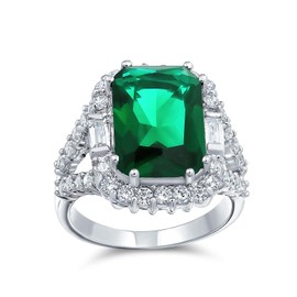 Bling Jewelry 4 CTW Cubic Zirconia Green Simulated Emerald Radiant Cut Statement Cocktail Ring For Women Rhodium Plated Brass
