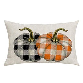 WENIANRU Black Orange Plaid Pumpkins Fall Y'all Autumn Thanksgiving Day Home Sofa Chair Bed Decoration Lumbar Pillowcase Cotton Linen Decorative Throw Pillow Cover Case Rectangular 12 x 20 Inches