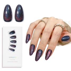 Dark Blue Almond Cat Eyes Press On Nails,12 Sizes - 24 Pcs Soft Gel Blue Medium Fake Nails Kit with Nail Glue, Natural Reusable Stick On False Nails for Women and Girls SK1008