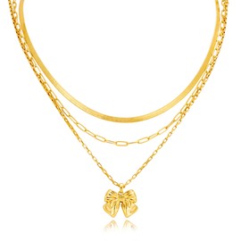 CLASSYZINT Gold Bow Necklace Layered Necklace Set 3-Piece Adjustable Snake Chain & Pendant Jewelry for Women Boho Stackable Chains Birthday Gift for Her