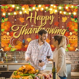 Thanksgiving Backdrop, Large Happy Thanksgiving Banner 5.9x3.6Ft Turkeys Pumpkins Maple Leaf Fall Party Decorations Give Thanks Sign for Indoor Home Porch Yard Photography Party Decorations