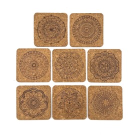 Cork Coasters Set of 8 in Bamboo Holder Mandala Design