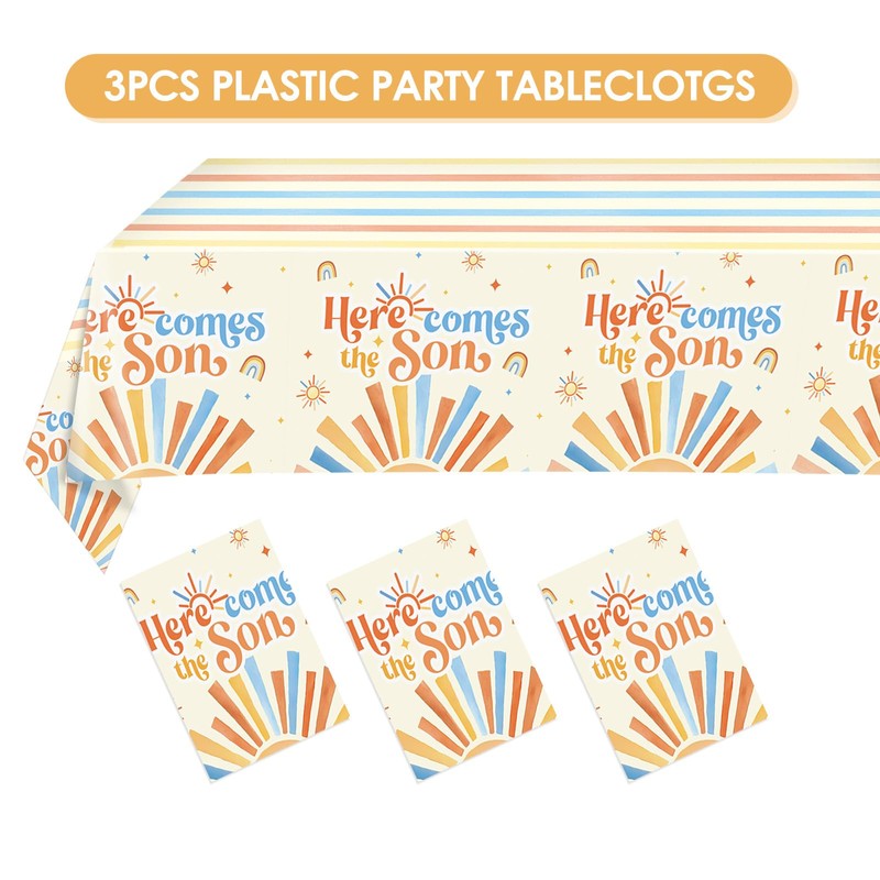3Pcs Here Comes The Son Baby Shower Decorations Tablecloths Plastic
