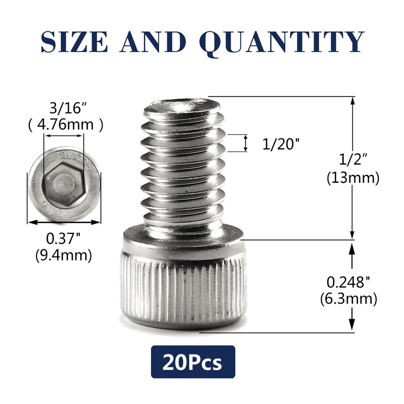 1/4-20 x 1/2" Socket Head Cap Screws Bolts, 20Pcs 304