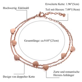 Cupimatch women's bracelet hearts bracelet anklet, double chain bracelet for women girls bangle silver, rose gold, Stainless Steel