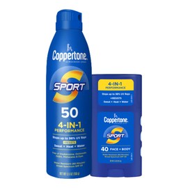 Coppertone SPORT Sunscreen Spray SPF 50 + Face Sunscreen Stick SPF 40, Water Resistant Sunscreen, Broad Spectrum SPF 50 Sunscreen and Facial Sunscreen Pack, (5.5 Oz Spray + 1.5 Oz Stick)